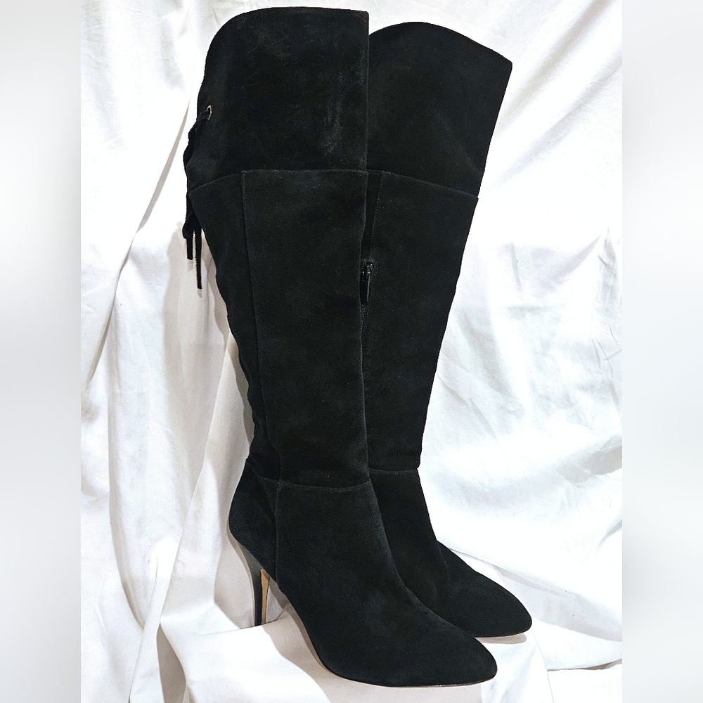 EUC Arturo Chiang Tall Black Suede Boots Laces Zippers 10M